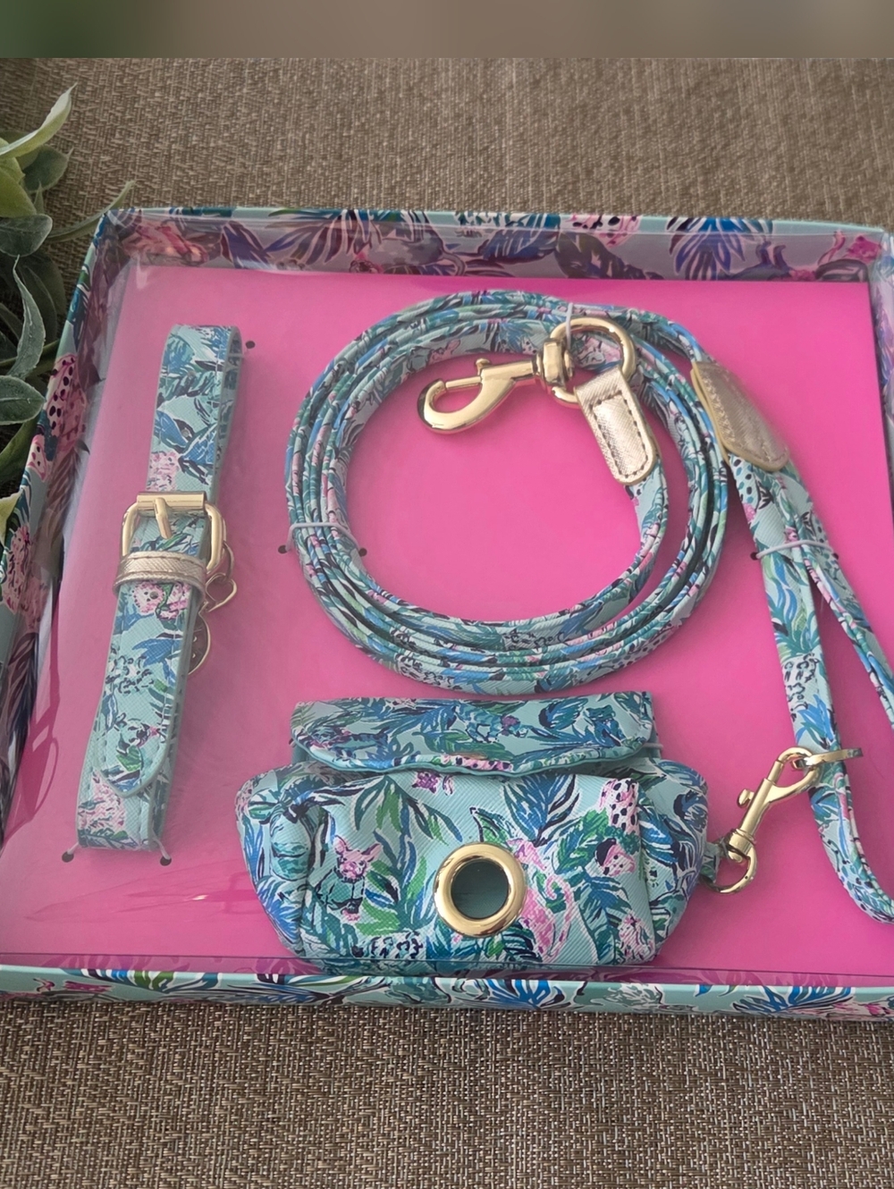 Lilly Pulitzer Teal Floral Dog Mini Bag,  Leash & Collar Set with Gold Hardware